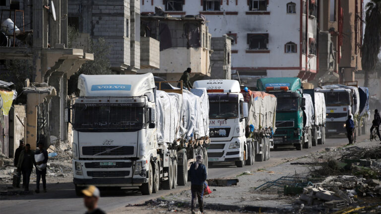 First aid trucks enter Gaza on Day 1 of ceasefire deal